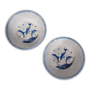 Mela-Ware Set of 2 Melamine Dolphin  Kid's Bowls, Blue/White